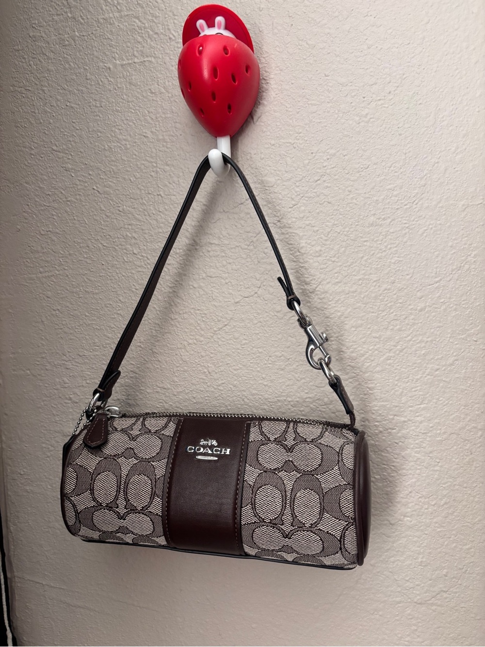Coach Mini Barrel Bag in Brown Signature Canvas with Dark Brown Trim